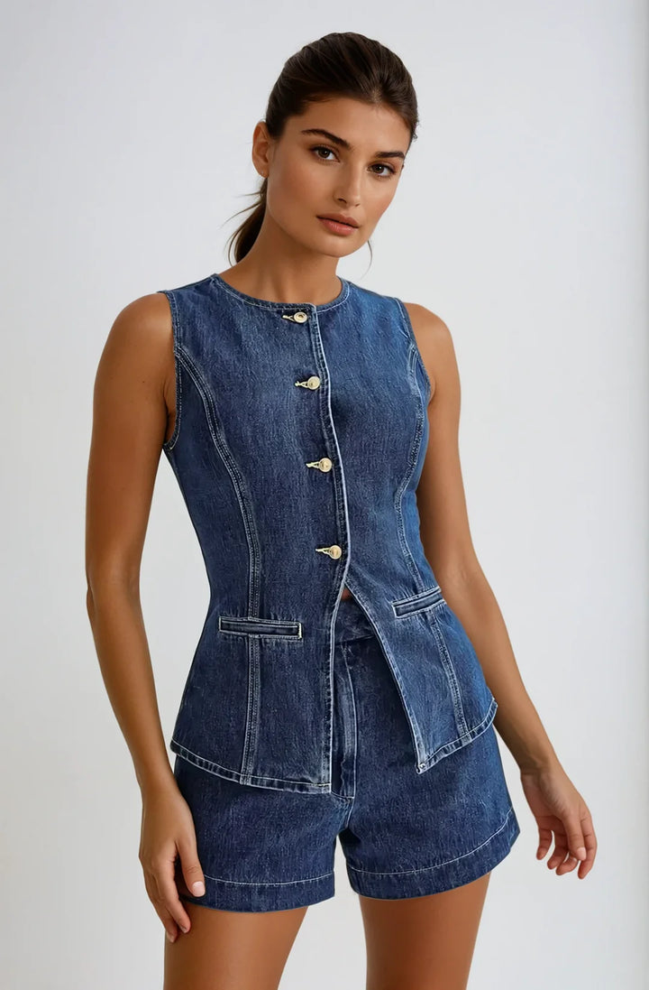 Women’s Denim Gilet & High-Waist Shorts Set