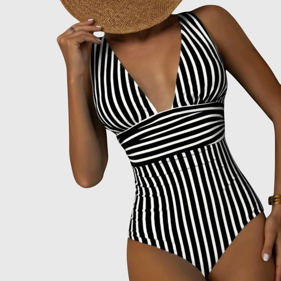 Women's Striped V-Neck One-Piece Swimsuit