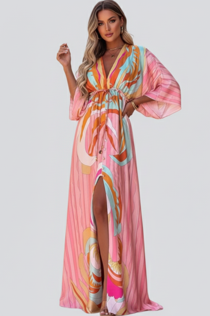 Ruby Women's Printed V-Neck Belted Maxi Dress