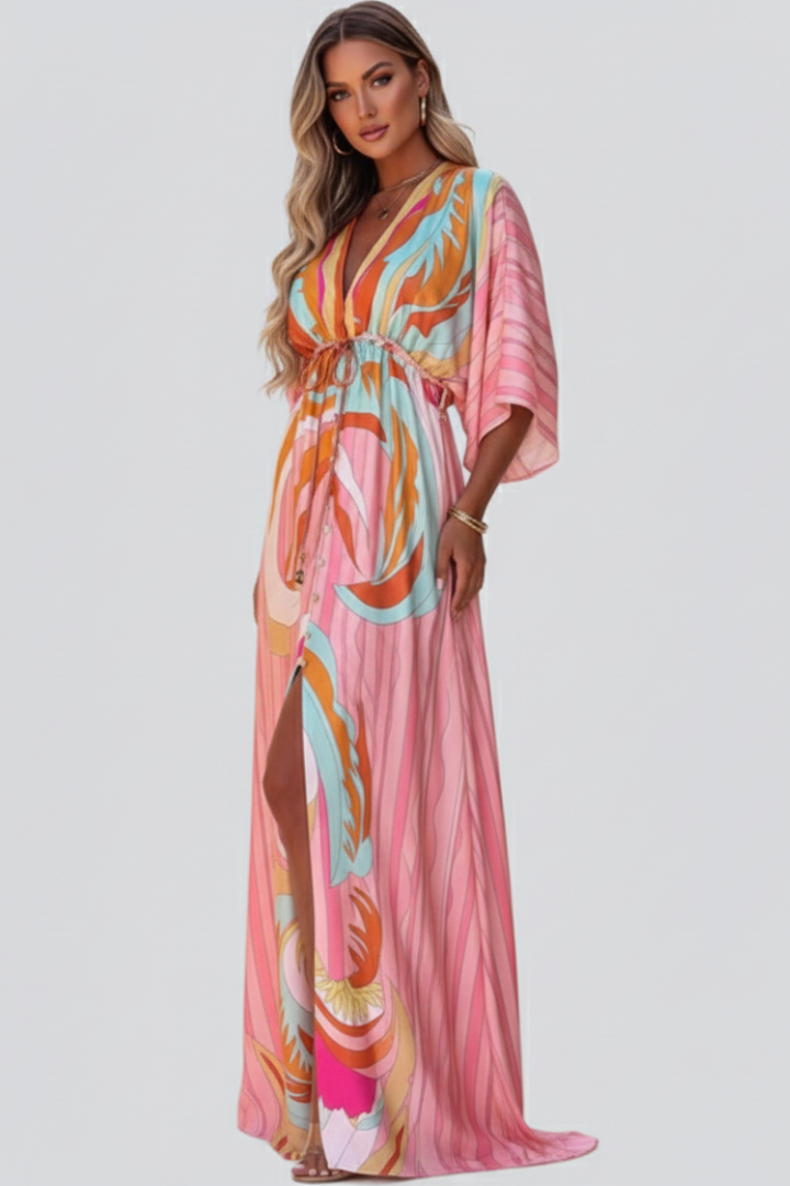 Ruby Women's Printed V-Neck Belted Maxi Dress