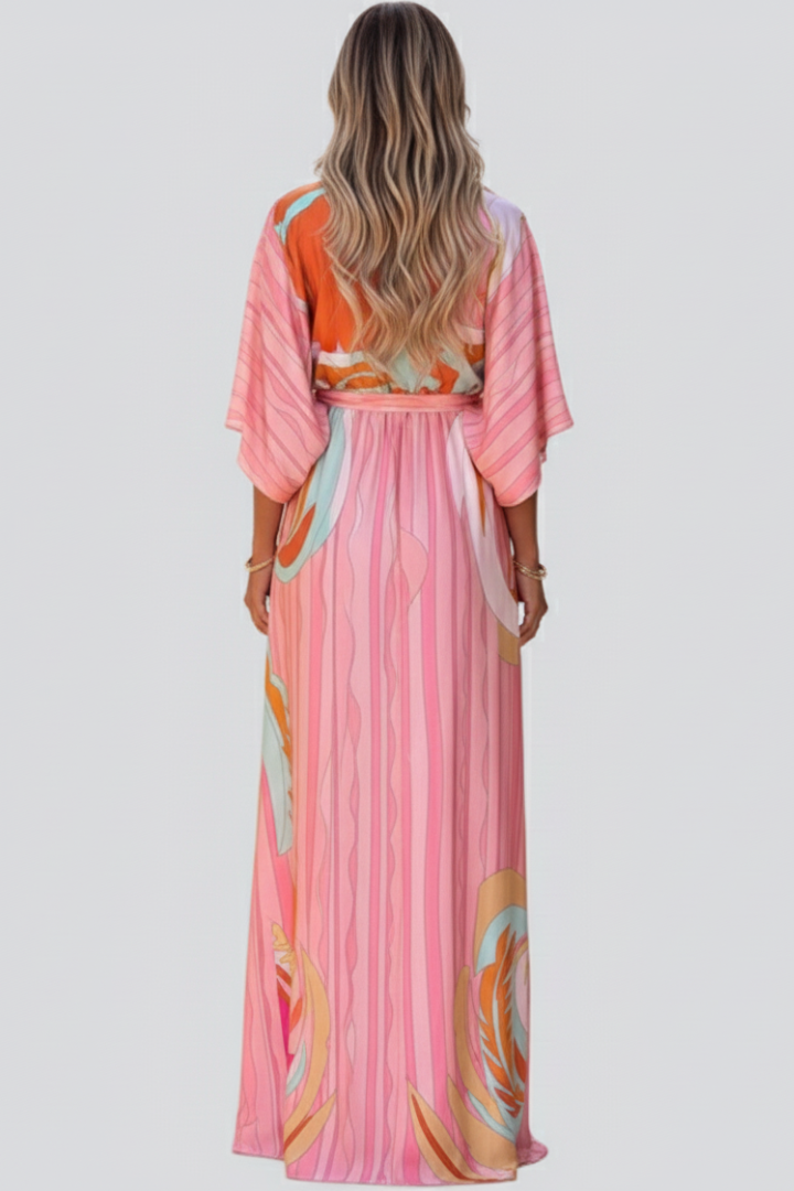 Ruby Women's Printed V-Neck Belted Maxi Dress