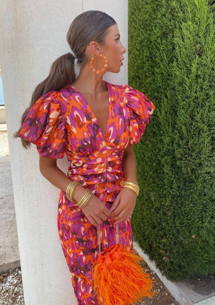 Women's Summer Printed Puff-Sleeve Midi Dress