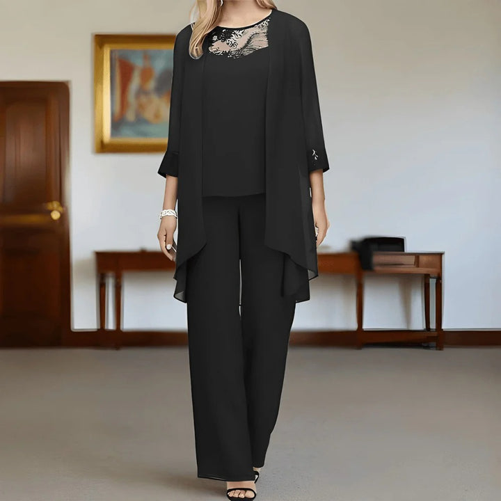 Women’s Elegant Chiffon Three-Piece Pant Set – Lace Detail Top & Flowing Cardigan