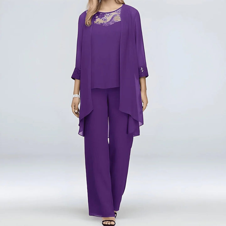Women’s Elegant Chiffon Three-Piece Pant Set – Lace Detail Top & Flowing Cardigan