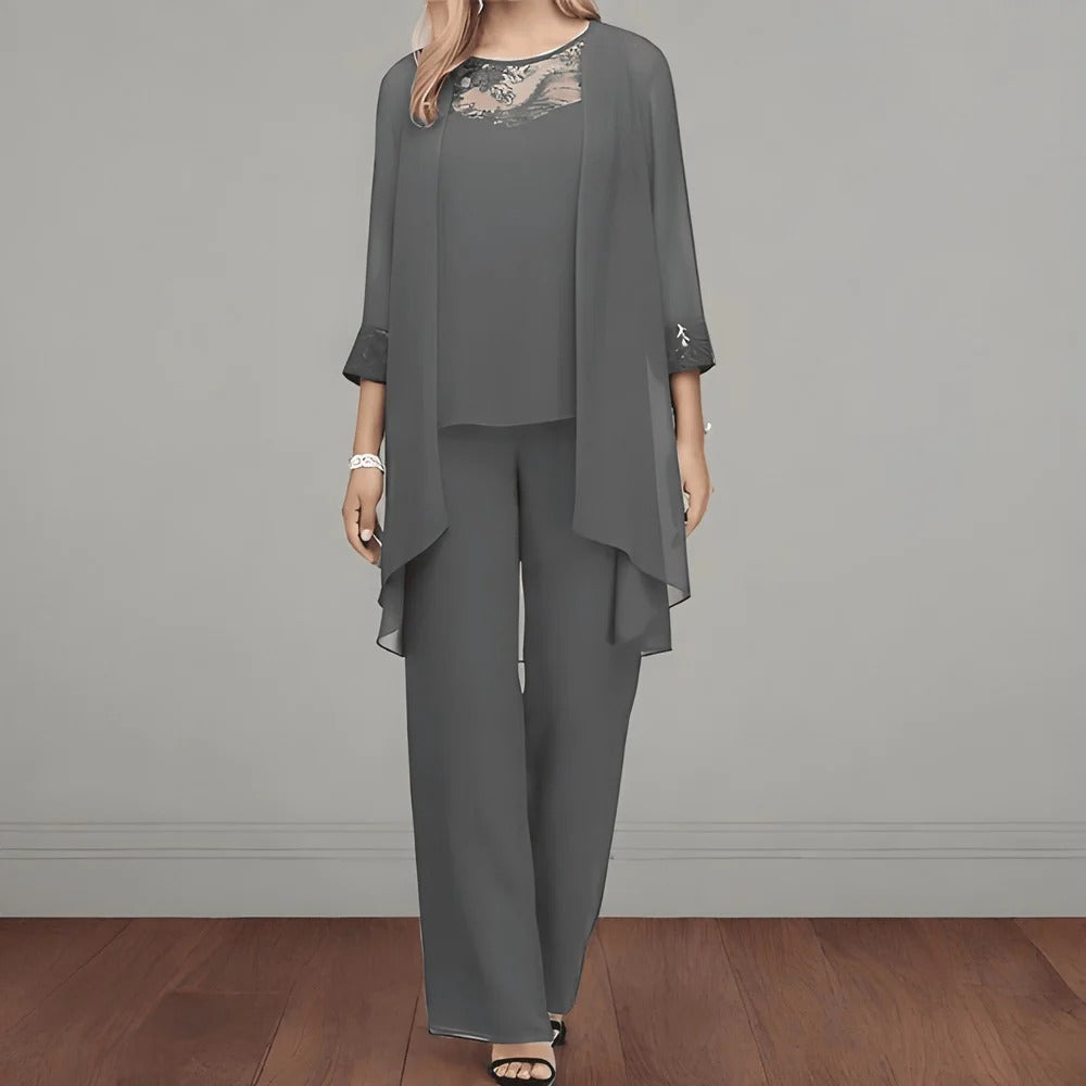 Women’s Elegant Chiffon Three-Piece Pant Set – Lace Detail Top & Flowing Cardigan