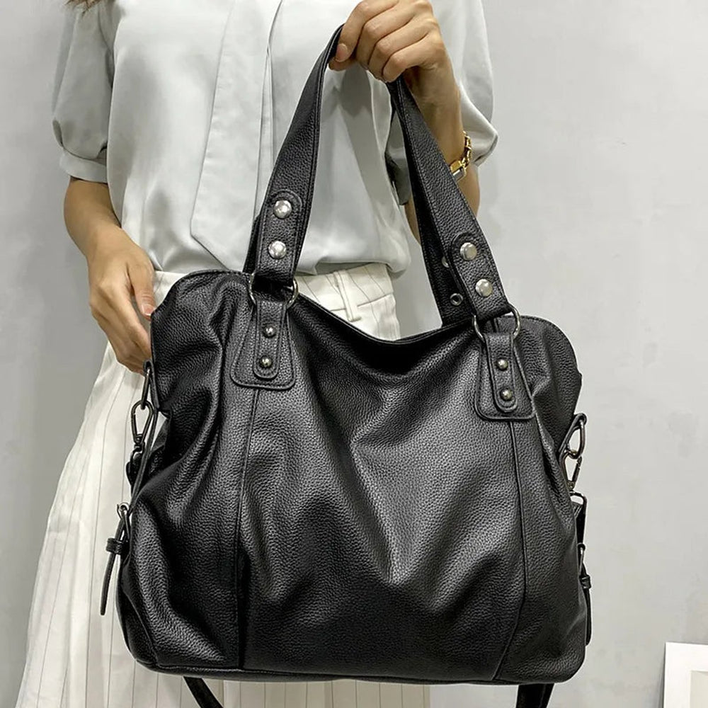 Large Black Studded Shoulder Tote Bag Faux Leather Hobo - Creme
