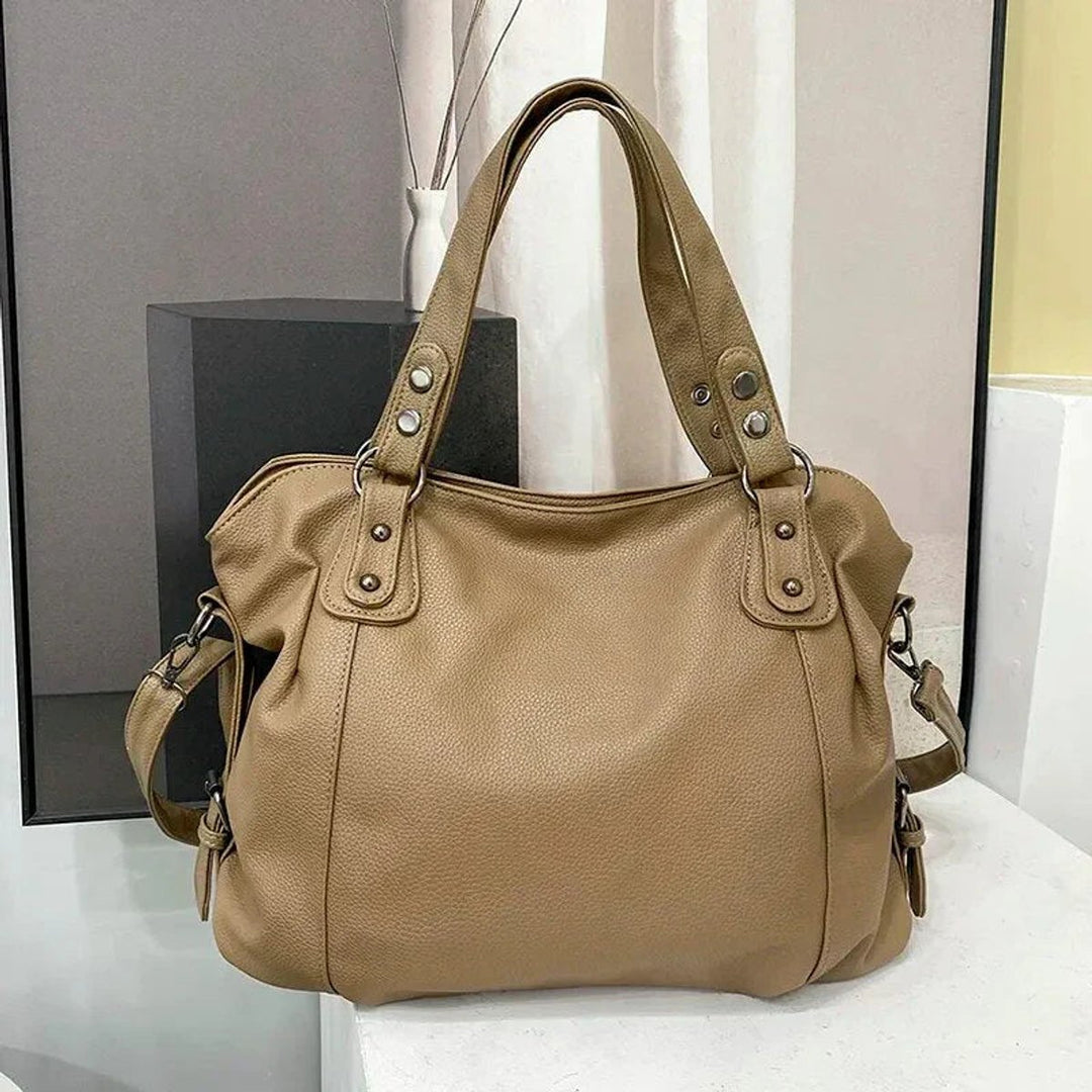 Large Black Studded Shoulder Tote Bag Faux Leather Hobo - Beige