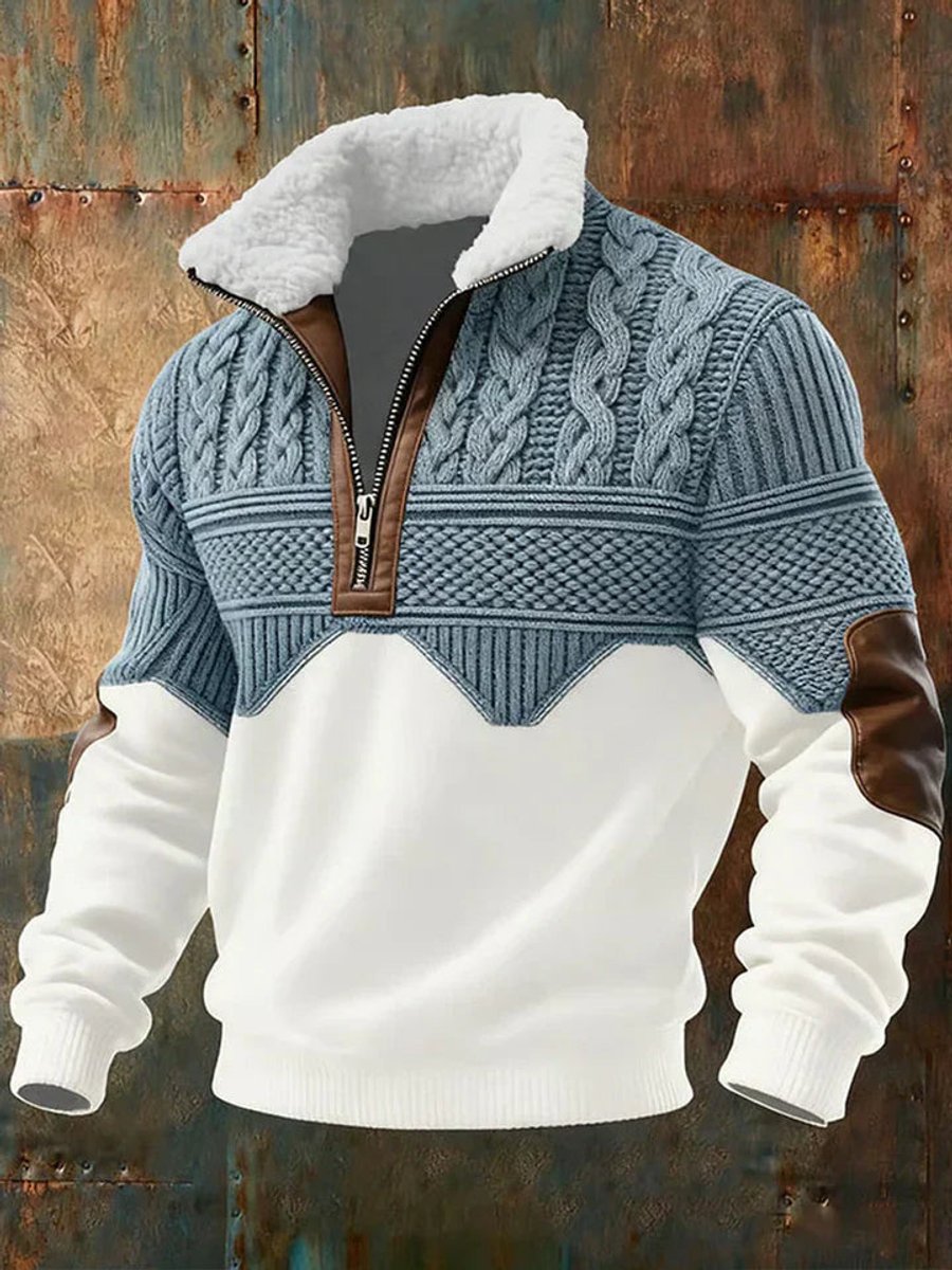 Men's Cable Knit Sweater Half-Zip Colorblock Fleece Collar Pullover