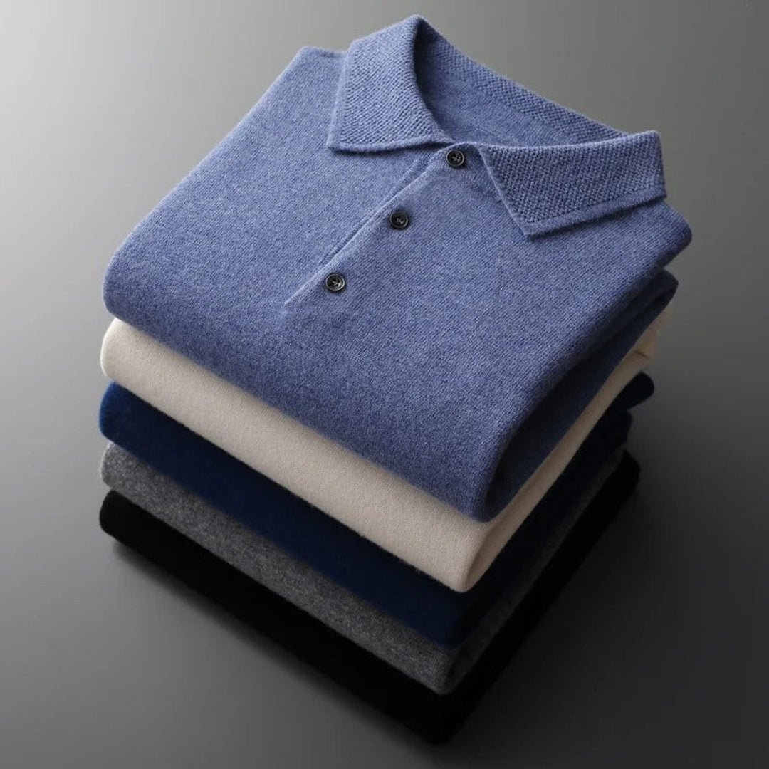 Men's Cashmere Polo Knit Sweater Long Sleeve Button Collar Pullover