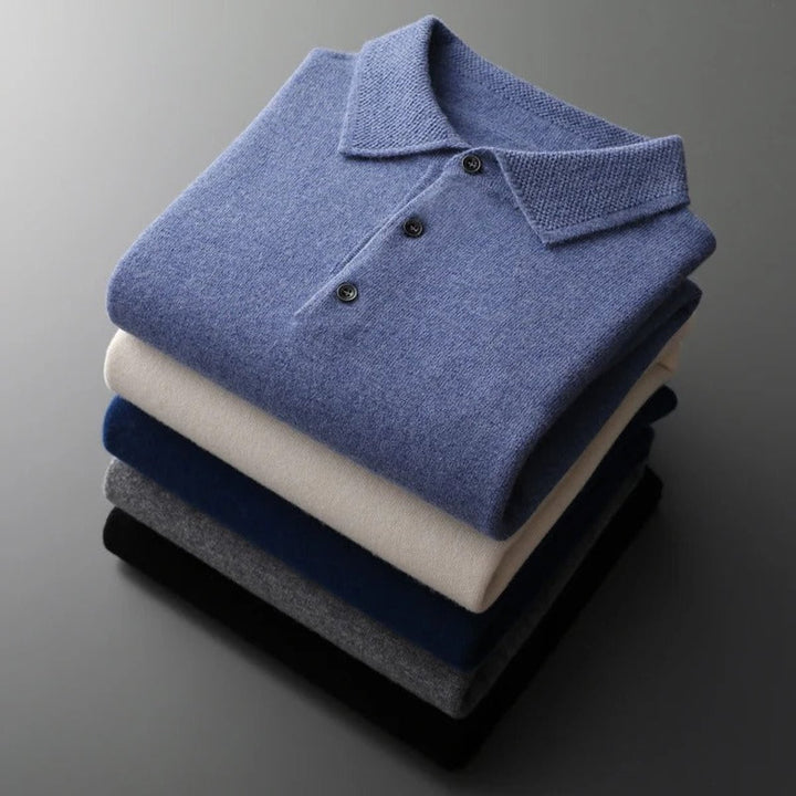 Men's Cashmere Polo Knit Sweater Long Sleeve Button Collar Pullover