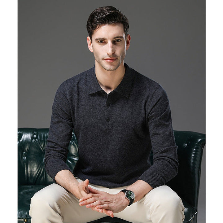Men's Cashmere Polo Knit Sweater Long Sleeve Button Collar Pullover