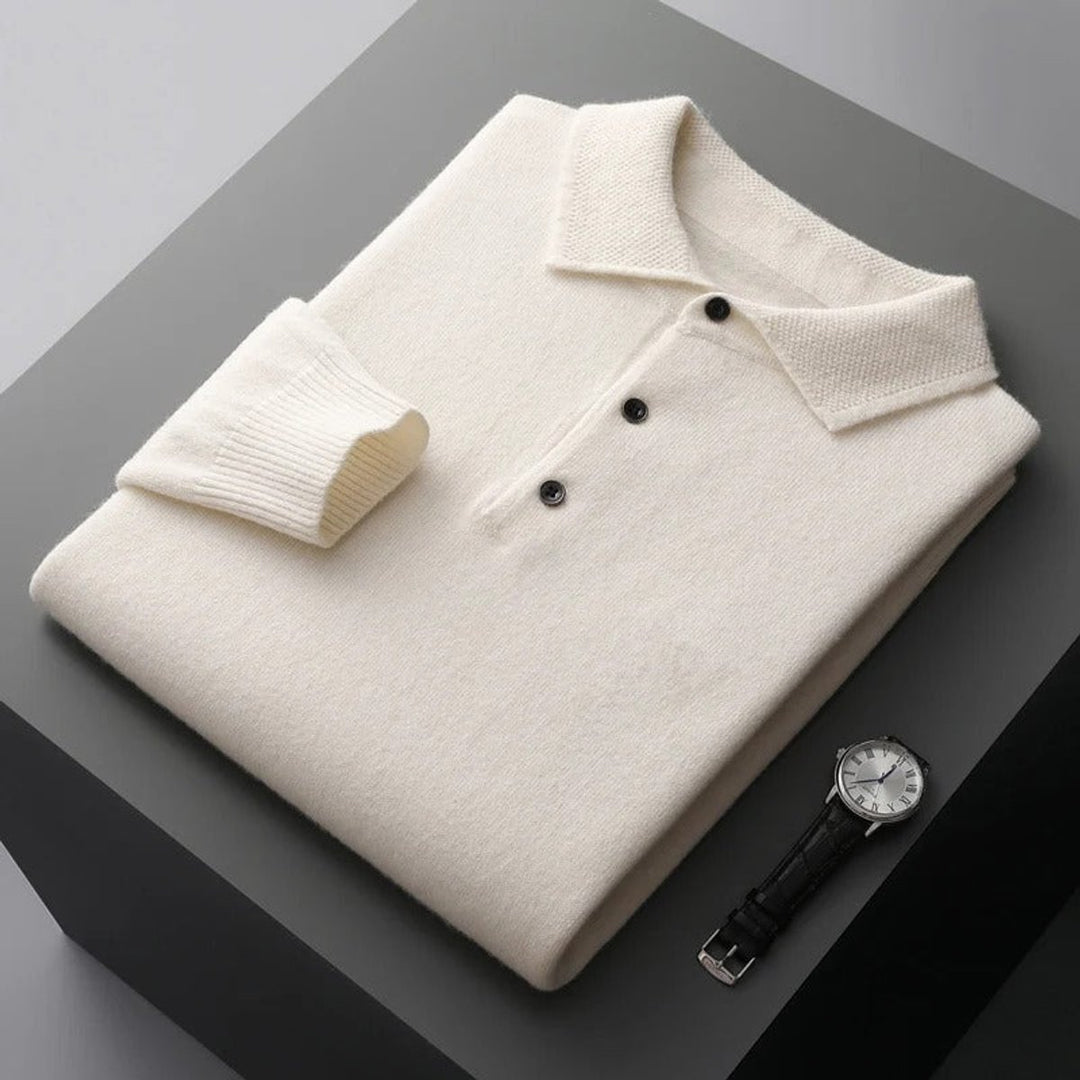 Men's Cashmere Polo Knit Sweater Long Sleeve Button Collar Pullover - White