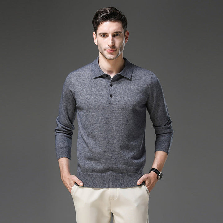 Men's Cashmere Polo Knit Sweater Long Sleeve Button Collar Pullover