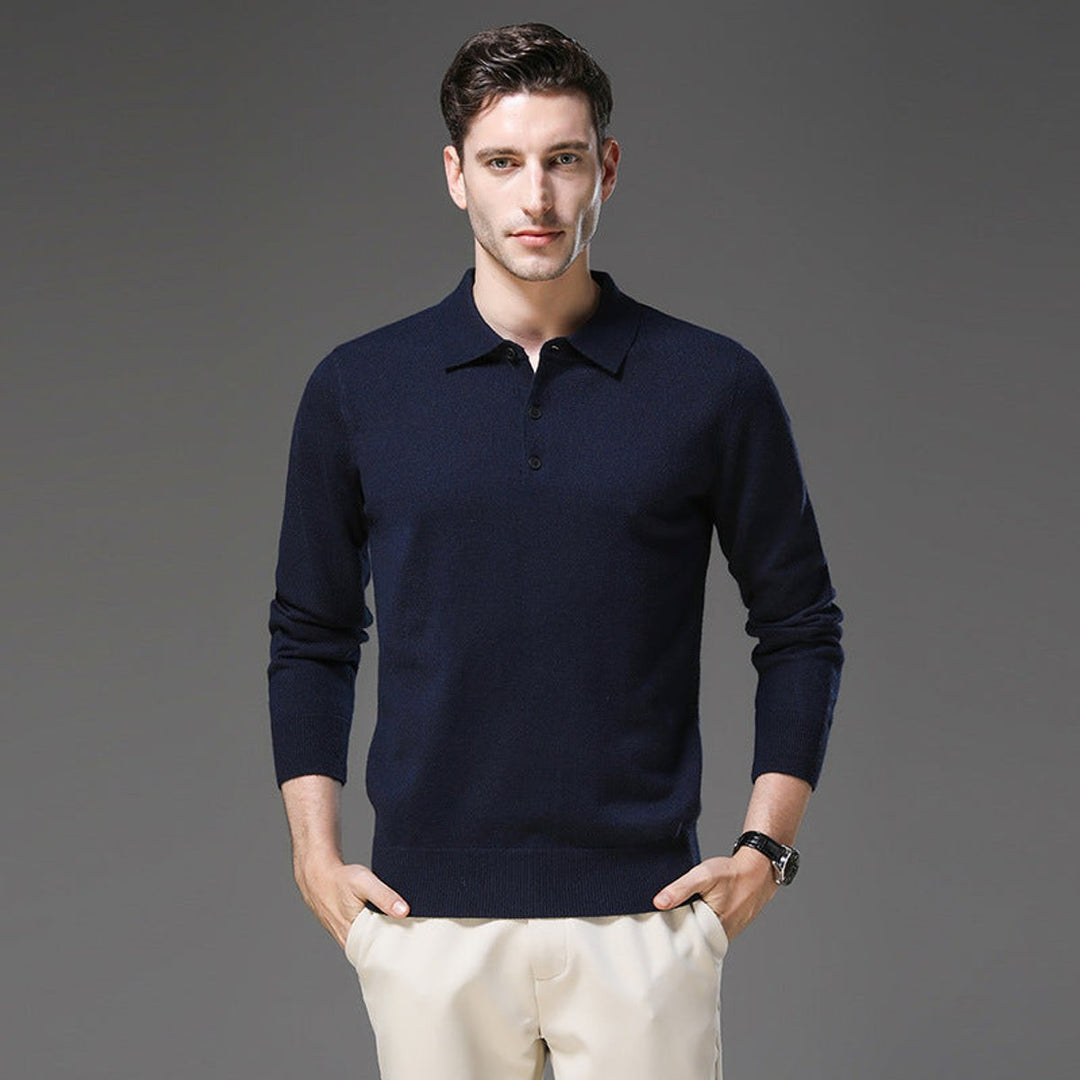 Men's Cashmere Polo Knit Sweater Long Sleeve Button Collar Pullover