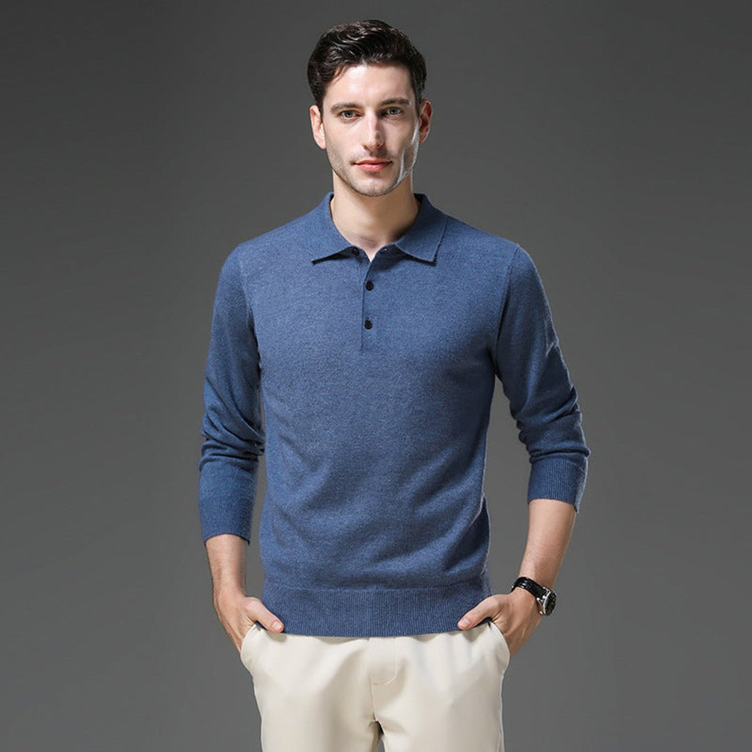 Men's Cashmere Polo Knit Sweater Long Sleeve Button Collar Pullover