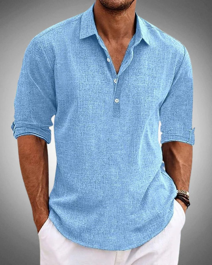 Men's Casual Linen-Look Long-Sleeve Henley Button Shirt - Blue