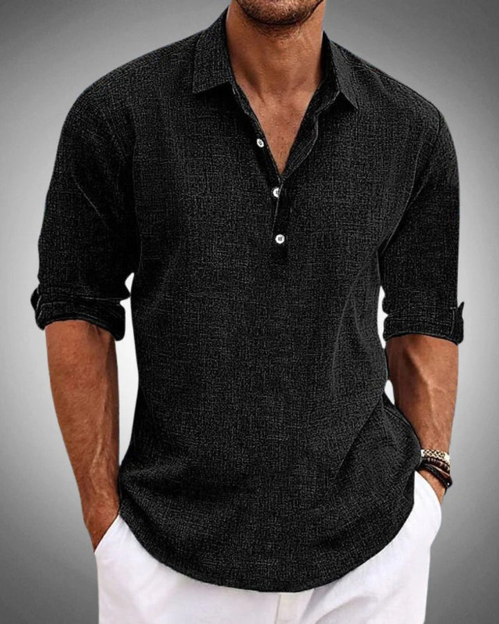 Men's Casual Linen-Look Long-Sleeve Henley Button Shirt - Black