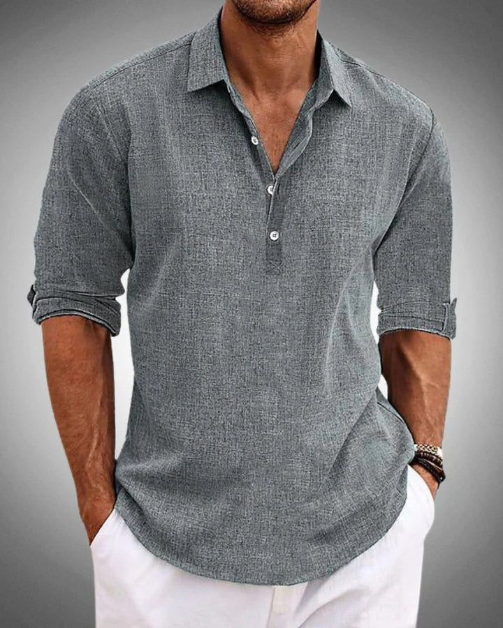 Men's Casual Linen-Look Long-Sleeve Henley Button Shirt - Gray