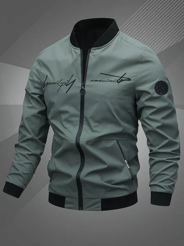 Men's Casual Zip-Up Polyester Bomber Jacket Baseball Collar - Army Green