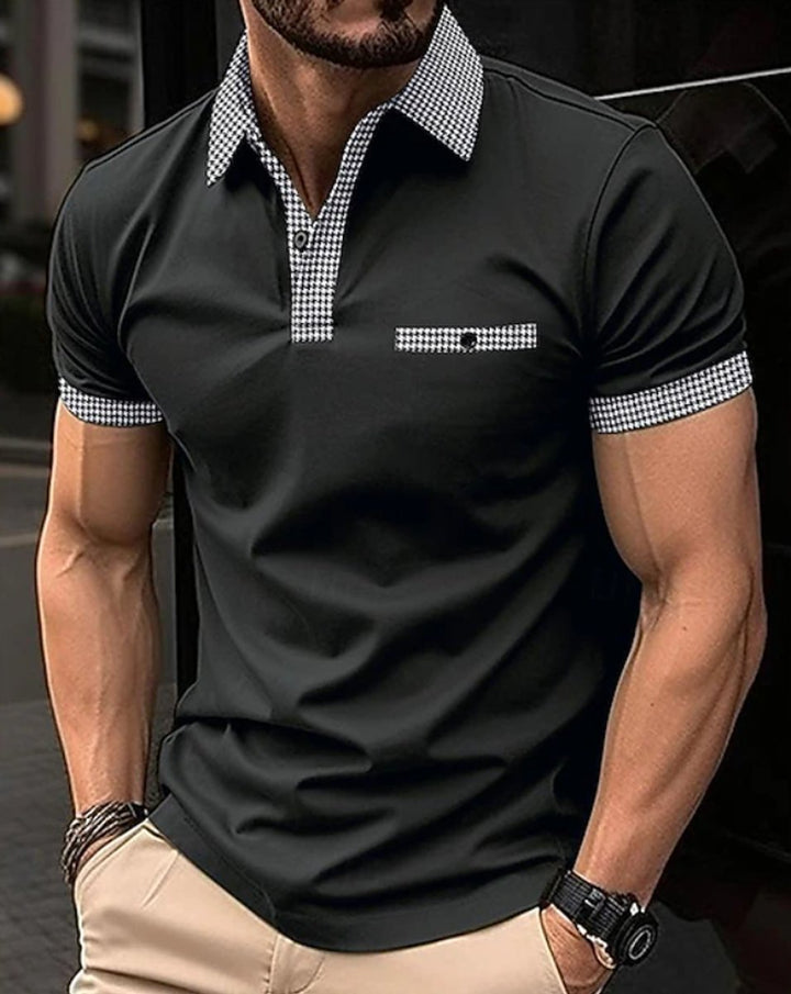Men's Checkered Collar Short-Sleeve Smart-Casual Polo Shirt - Black