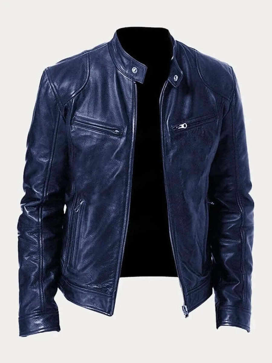 Men's Classic Slim-Fit Stand-Collar Biker Leather Jacket - Dark Blue