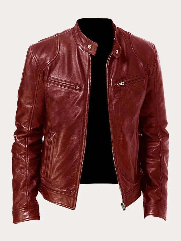 Men's Classic Slim-Fit Stand-Collar Biker Leather Jacket - Burgundy