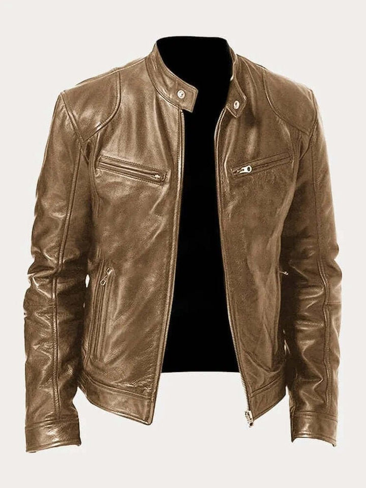 Men's Classic Slim-Fit Stand-Collar Biker Leather Jacket - Khaki