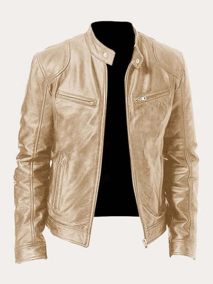 Men's Classic Slim-Fit Stand-Collar Biker Leather Jacket - Gold
