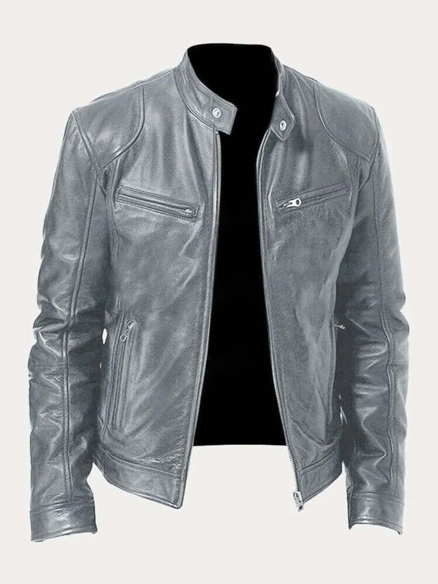 Men's Classic Slim-Fit Stand-Collar Biker Leather Jacket - Grey