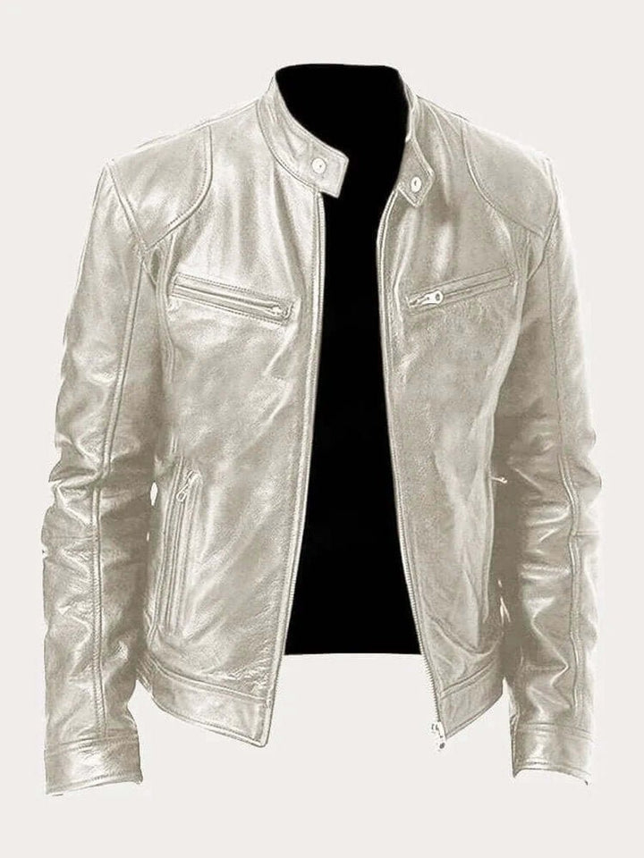 Men's Classic Slim-Fit Stand-Collar Biker Leather Jacket - Silver