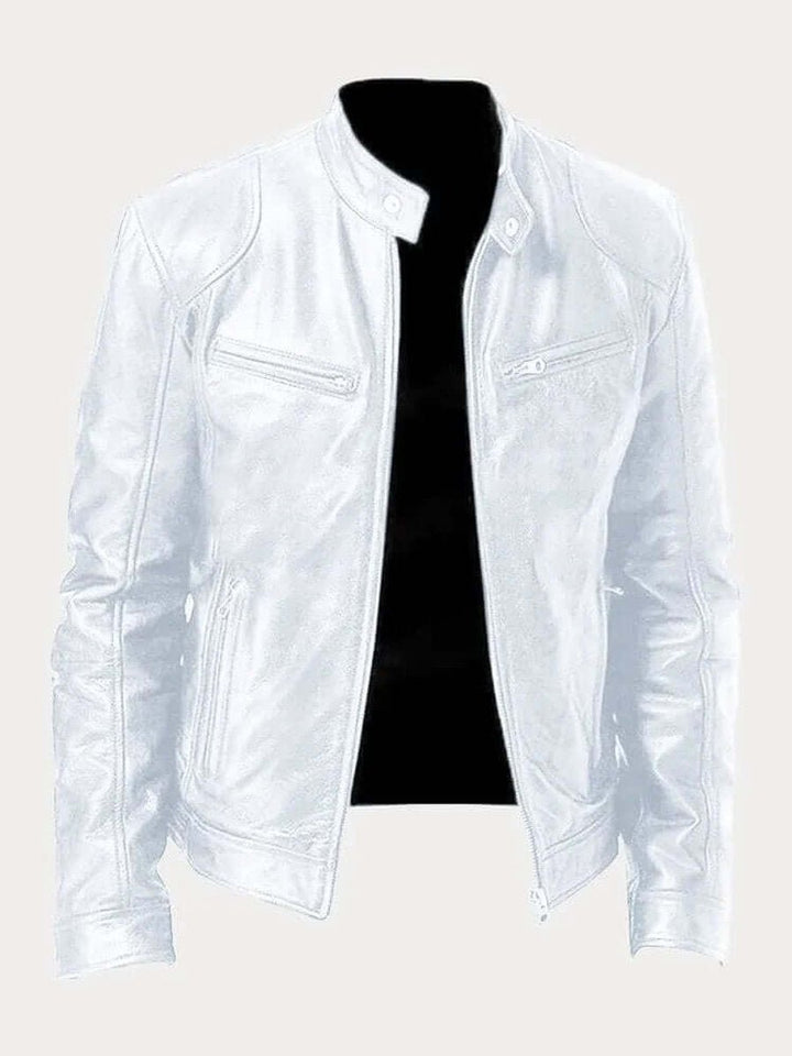 Men's Classic Slim-Fit Stand-Collar Biker Leather Jacket - White