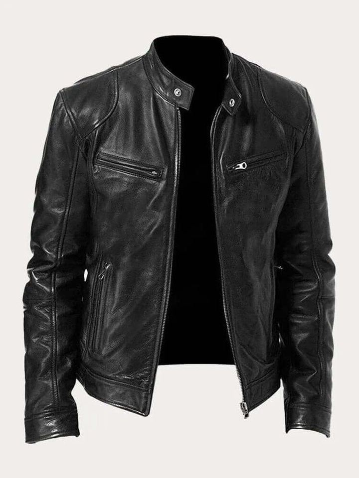 Men's Classic Slim-Fit Stand-Collar Biker Leather Jacket - Black