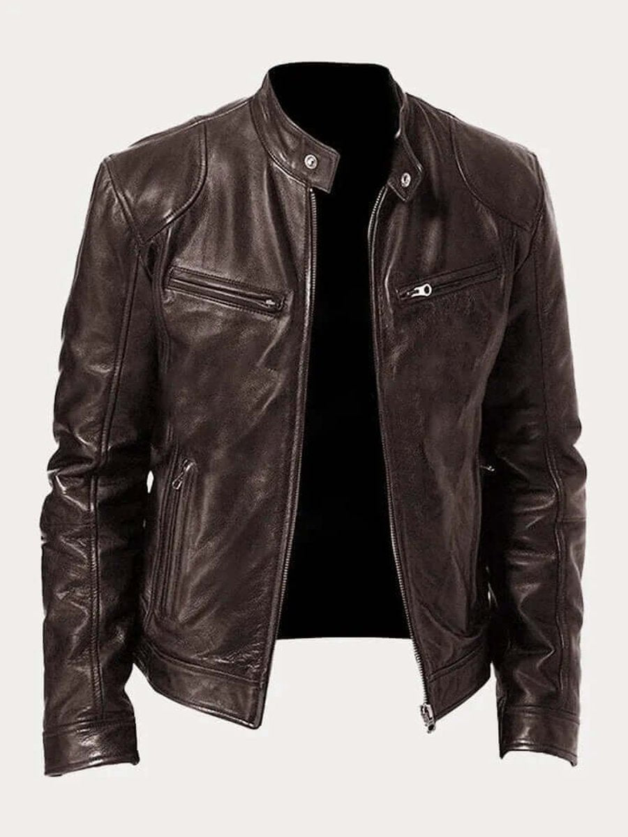 Men's Classic Slim-Fit Stand-Collar Biker Leather Jacket - Brown