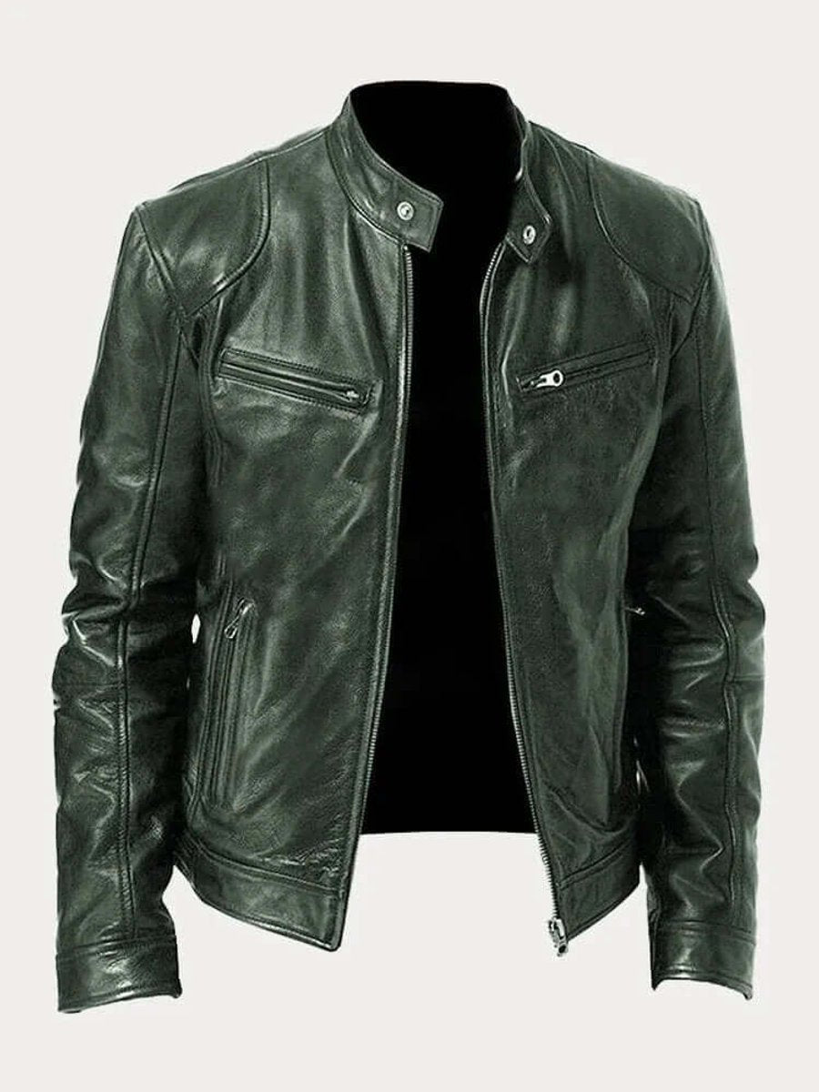 Men's Classic Slim-Fit Stand-Collar Biker Leather Jacket - Military Green