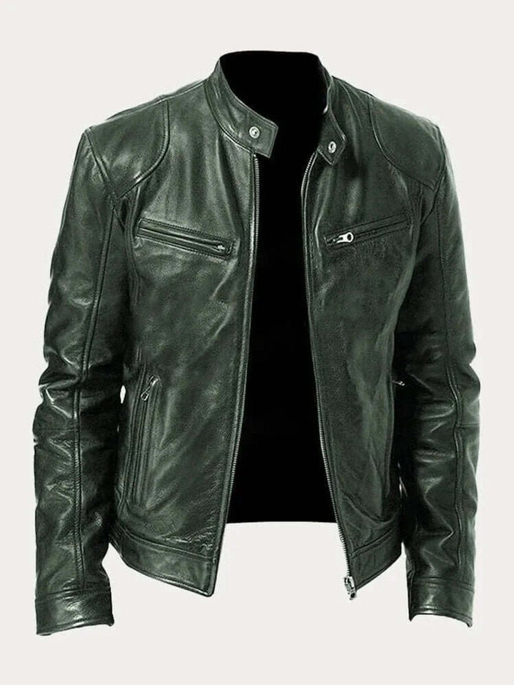 Men's Classic Slim-Fit Stand-Collar Biker Leather Jacket - Military Green
