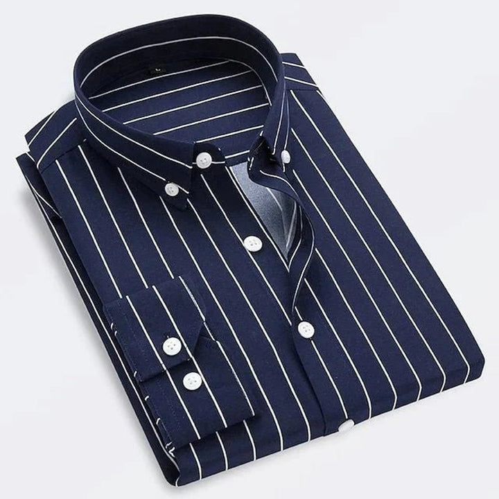 Men's Classic Striped Long-Sleeve Button-Down Shirt - Navy Blue