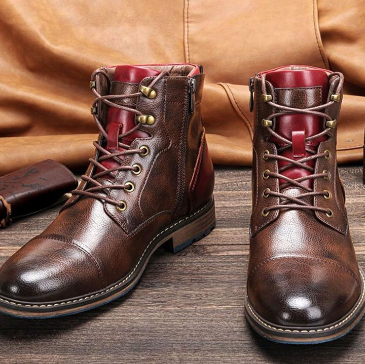 Men's Classic Zip Lace-Up Round-Toe Leather Ankle Boots - Brown