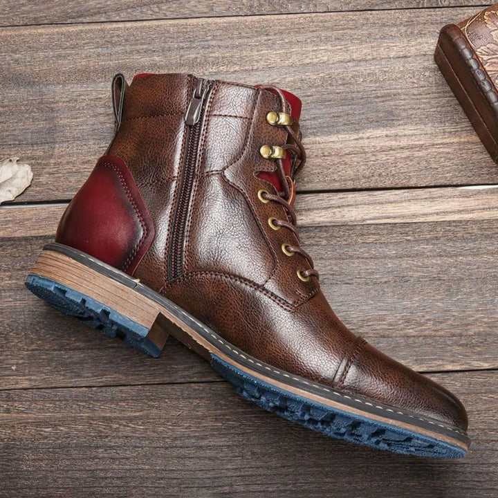 Men's Classic Zip Lace-Up Round-Toe Leather Ankle Boots