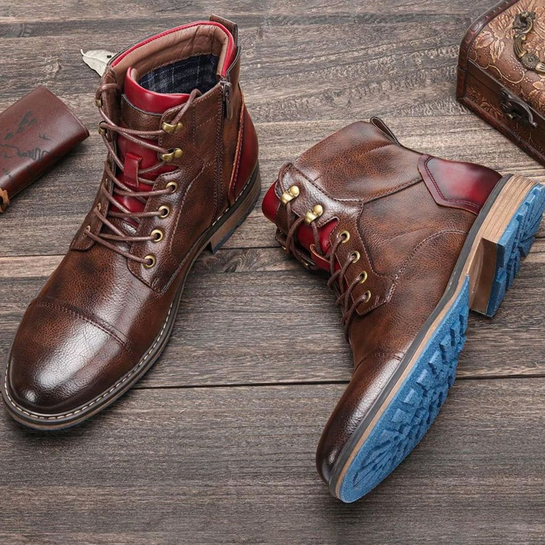 Men's Classic Zip Lace-Up Round-Toe Leather Ankle Boots