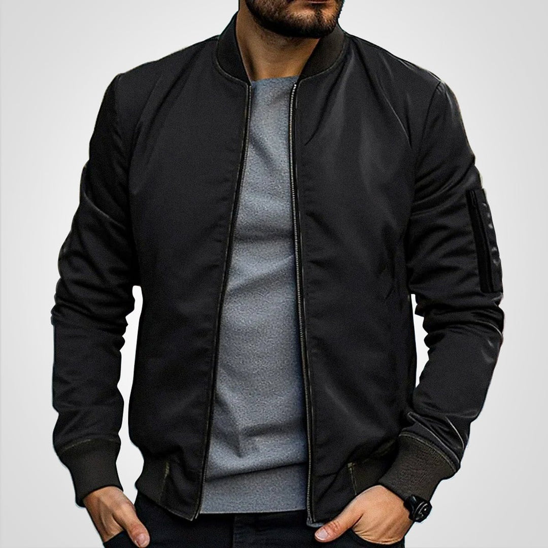 Men's Classic Zip-Up Bomber Jacket Ribbed Collar Sleeve Pocket - Black