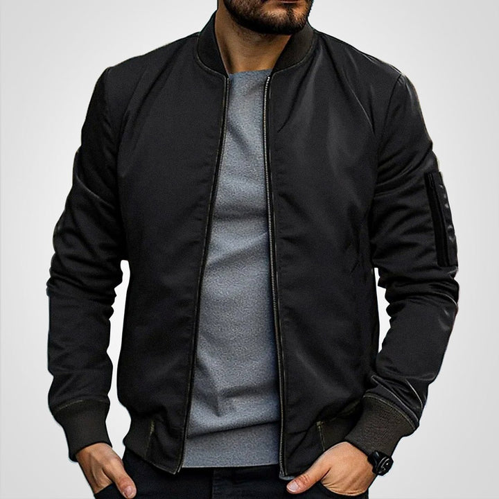 Men's Classic Zip-Up Bomber Jacket Ribbed Collar Sleeve Pocket - Black