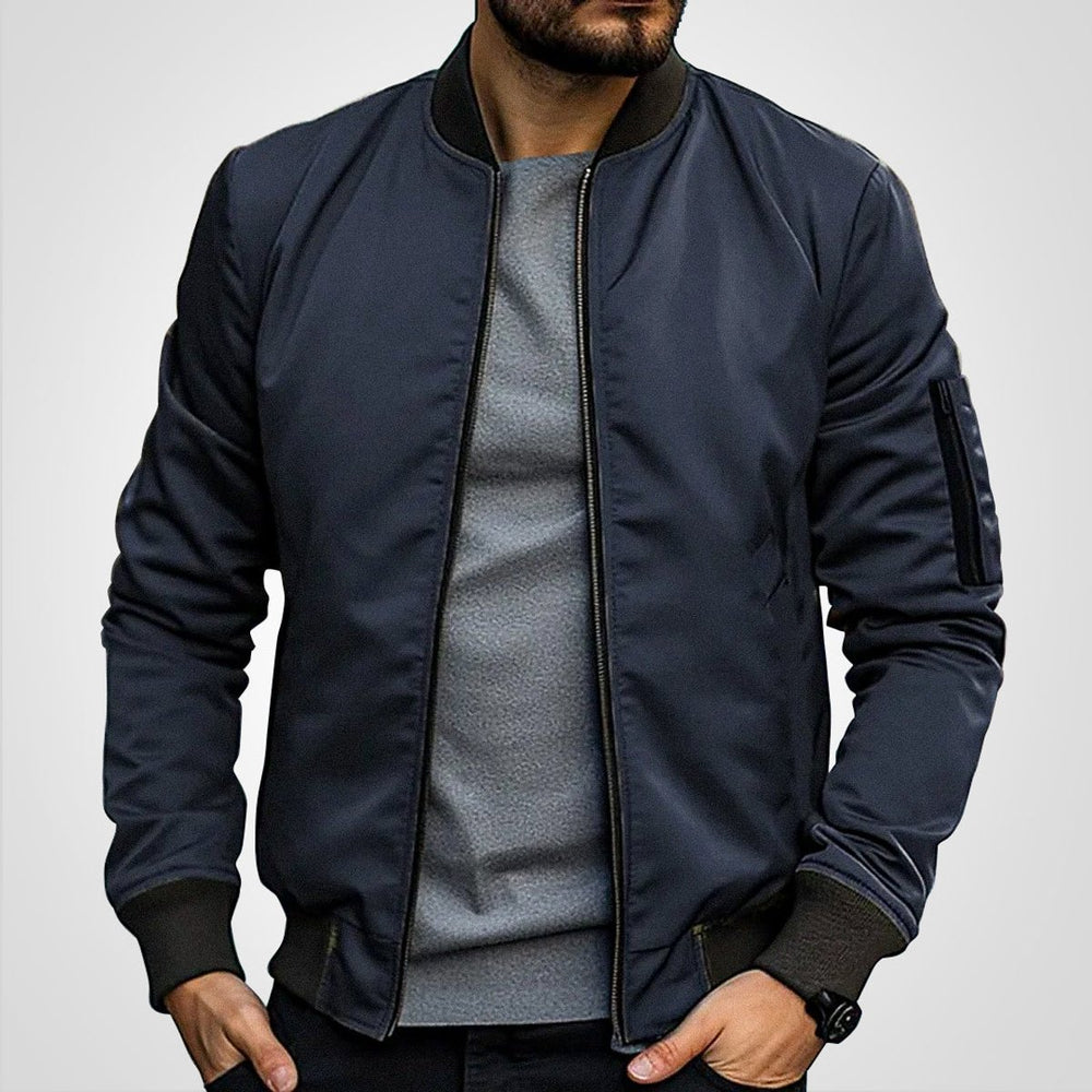 Men's Classic Zip-Up Bomber Jacket Ribbed Collar Sleeve Pocket - Dark Navy