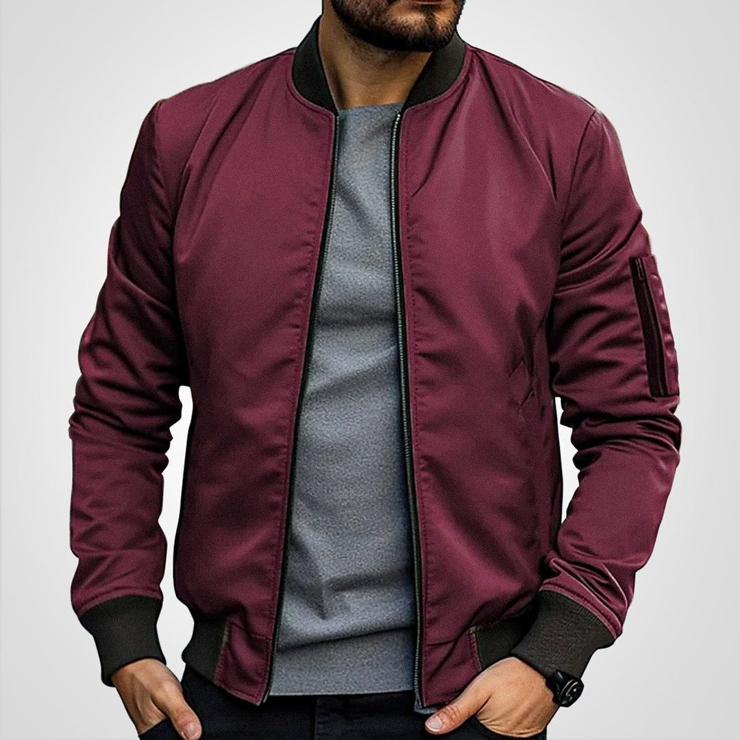 Men's Classic Zip-Up Bomber Jacket Ribbed Collar Sleeve Pocket - Burgundy