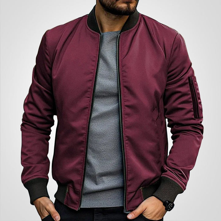 Men's Classic Zip-Up Bomber Jacket Ribbed Collar Sleeve Pocket - Burgundy