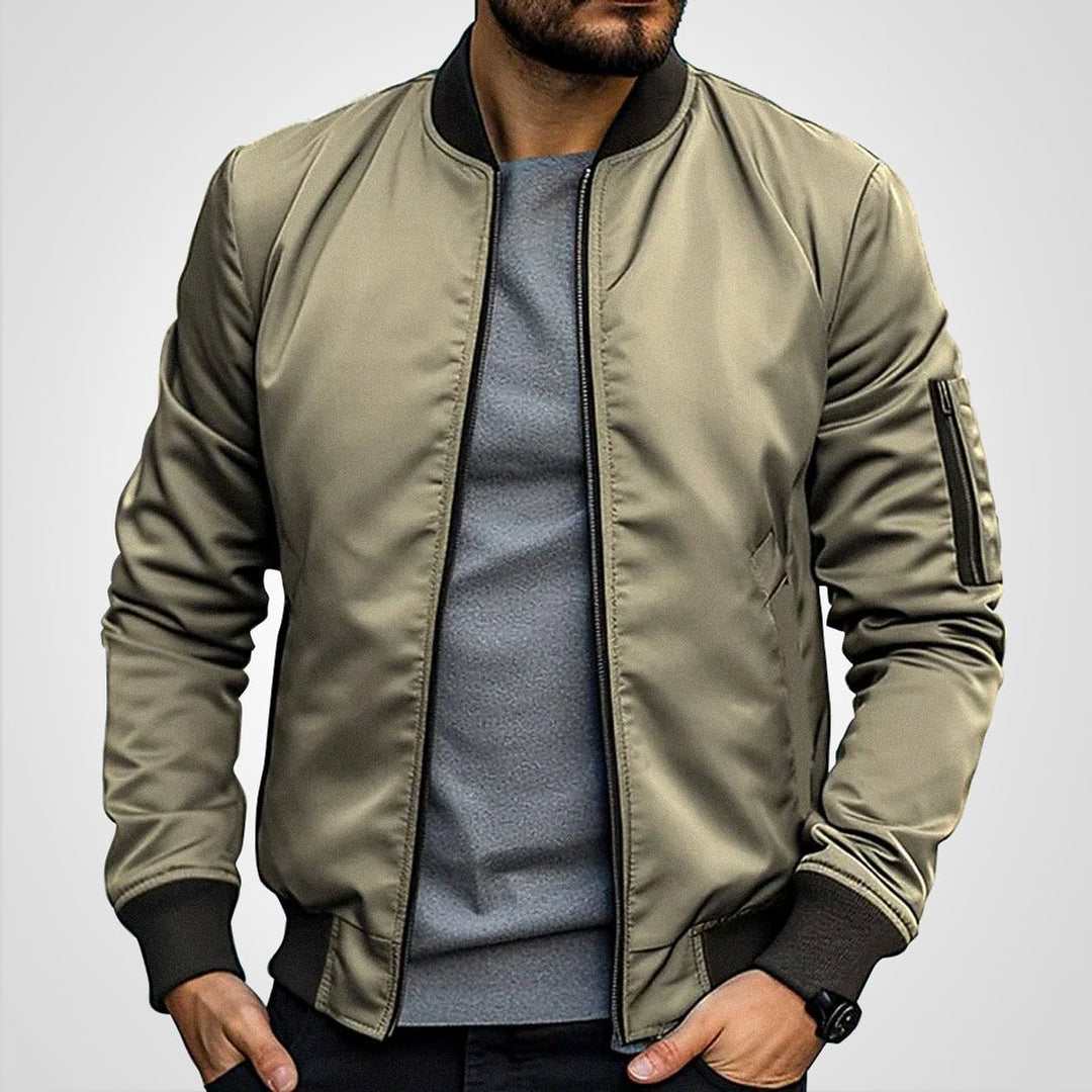 Men's Classic Zip-Up Bomber Jacket Ribbed Collar Sleeve Pocket - Khaki