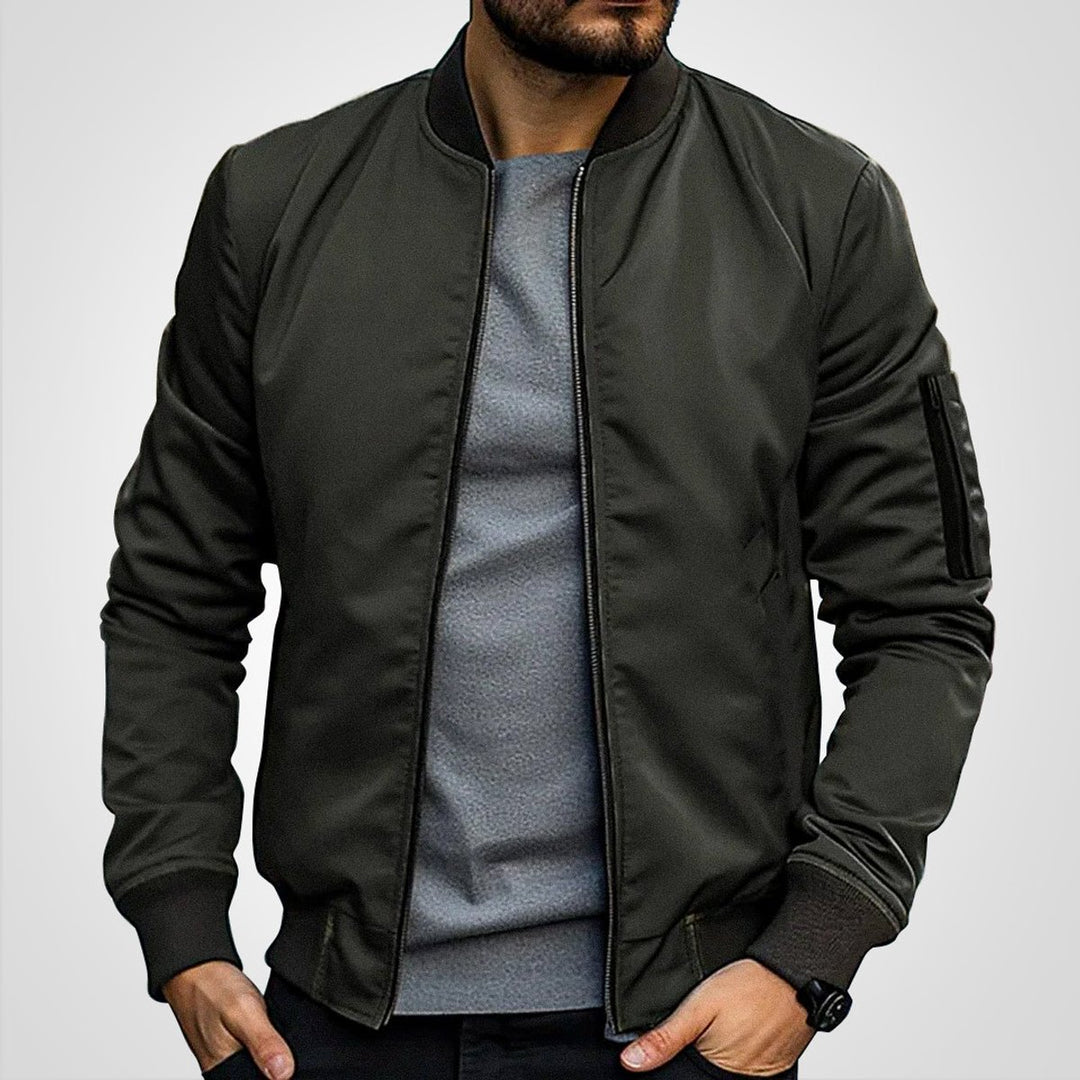 Men's Classic Zip-Up Bomber Jacket Ribbed Collar Sleeve Pocket - Olive Green