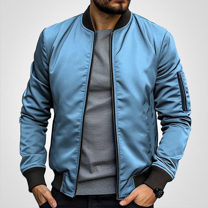 Men's Classic Zip-Up Bomber Jacket Ribbed Collar Sleeve Pocket - Blue