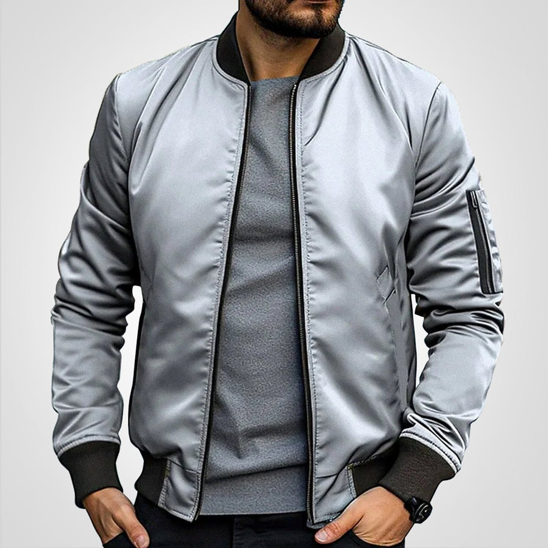 Men's Classic Zip-Up Bomber Jacket Ribbed Collar Sleeve Pocket - Light Gray