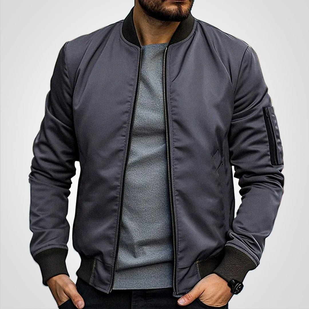 Men's Classic Zip-Up Bomber Jacket Ribbed Collar Sleeve Pocket - Dark Gray