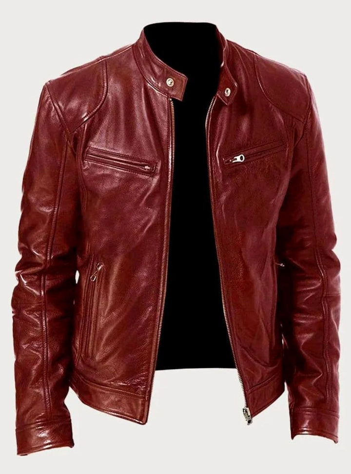 Men's Classic Zip-Up Moto Style Jacket Slim-Fit Leather Biker - Red